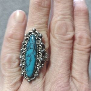 VINTAGE FAUX TURQUOISE SILVER-TONE LARGE FILIGREE ADJUSTABLE SIZE 7 - 8  RING